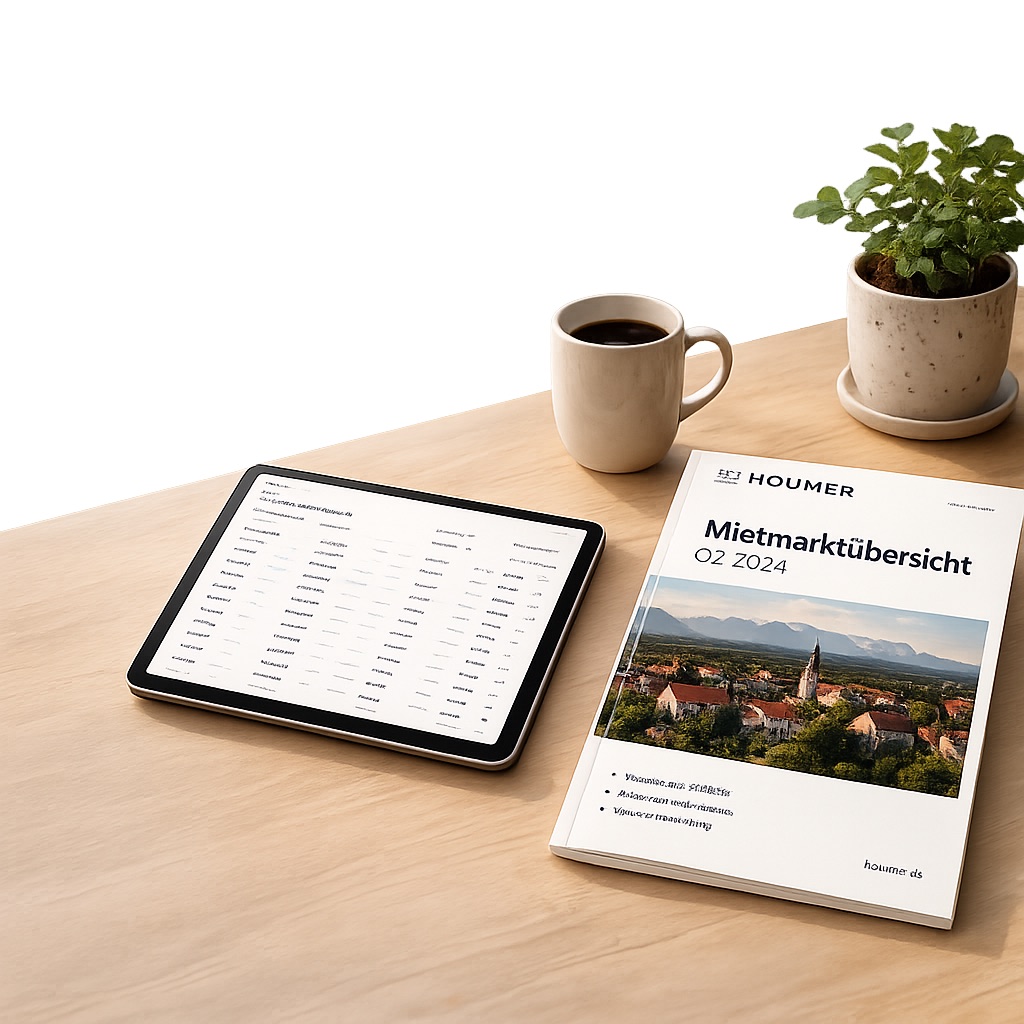 Tablet mit der HOUMER-Marktübersicht und gedruckter Mietmarktübersicht-Report auf einem Schreibtisch